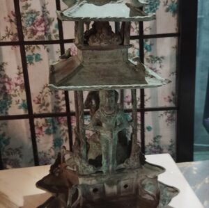 Rare Japanese antique bronze Pagoda style oil lantern from temple buddhist altar